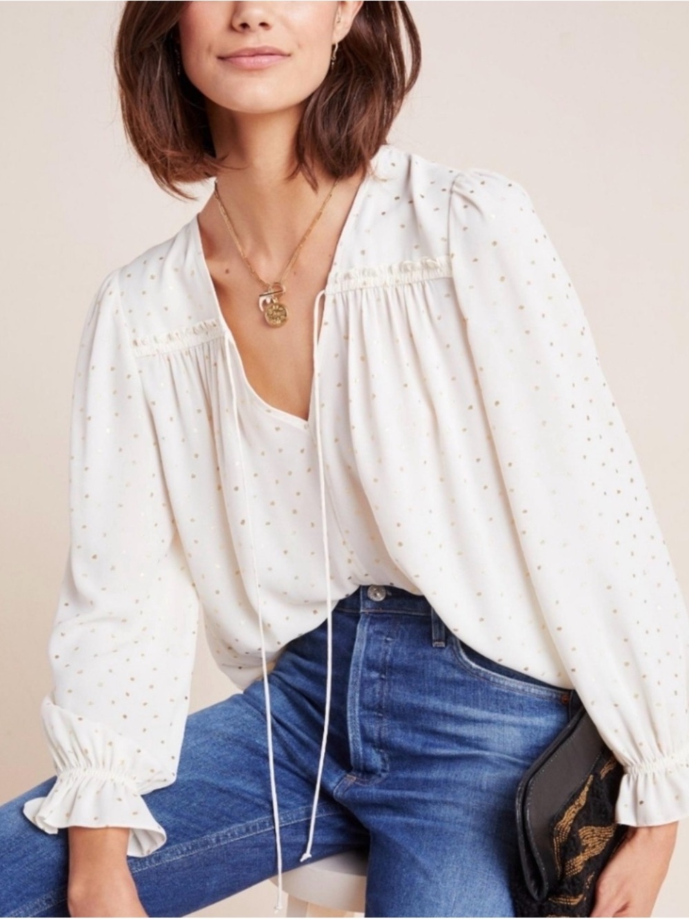 Anthropologie Current Air Cream Bristol Oversized Blouse with Gold Dot Accents